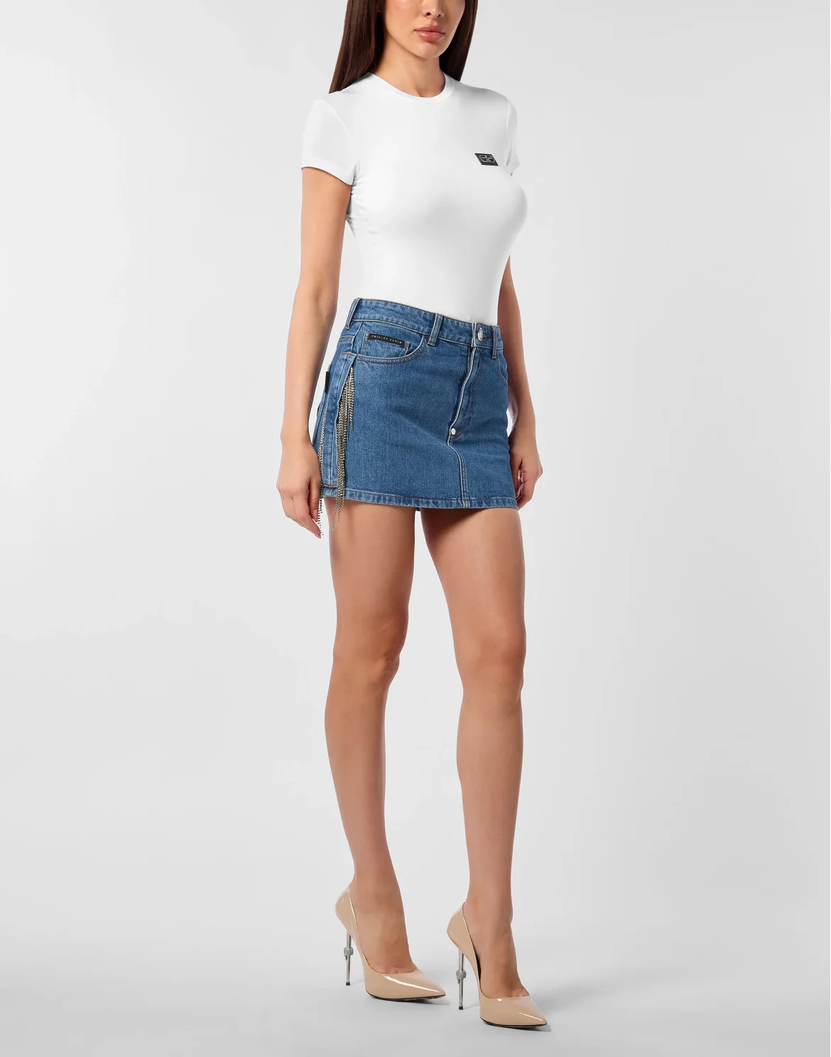 Denim Mini Skirt Crystal Fringes, цвет: Синий