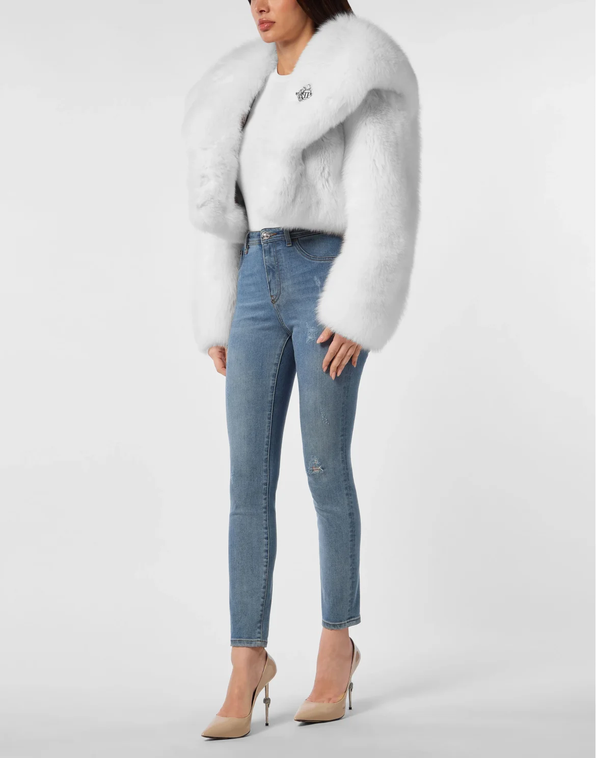 Fox Fur Hooded Short Jacket, цвет: Белый