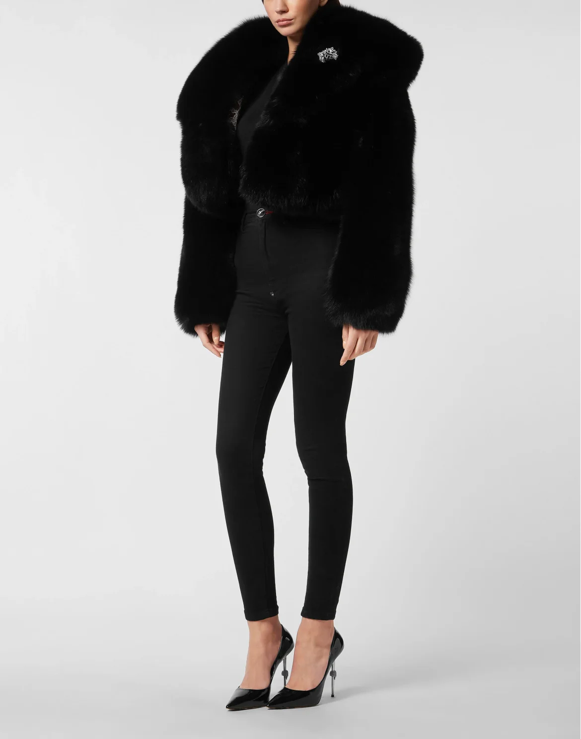Fox Fur Hooded Short Jacket, цвет: Черный