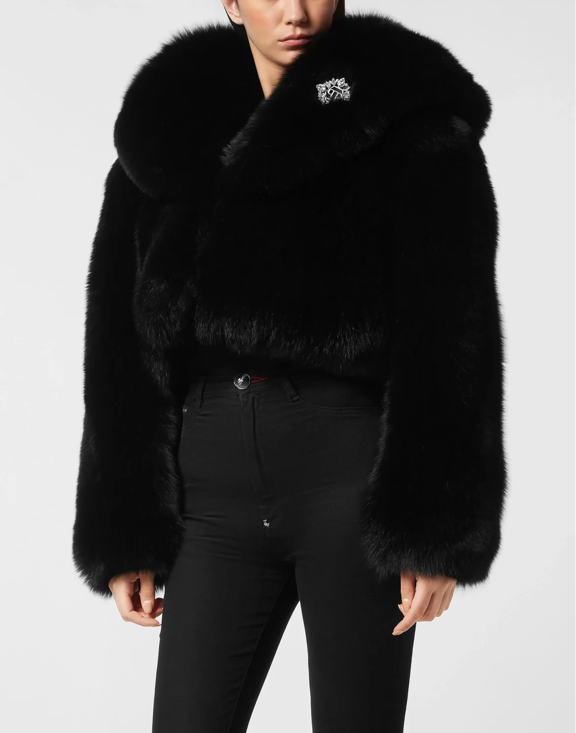Fox Fur Hooded Short Jacket, цвет: Черный