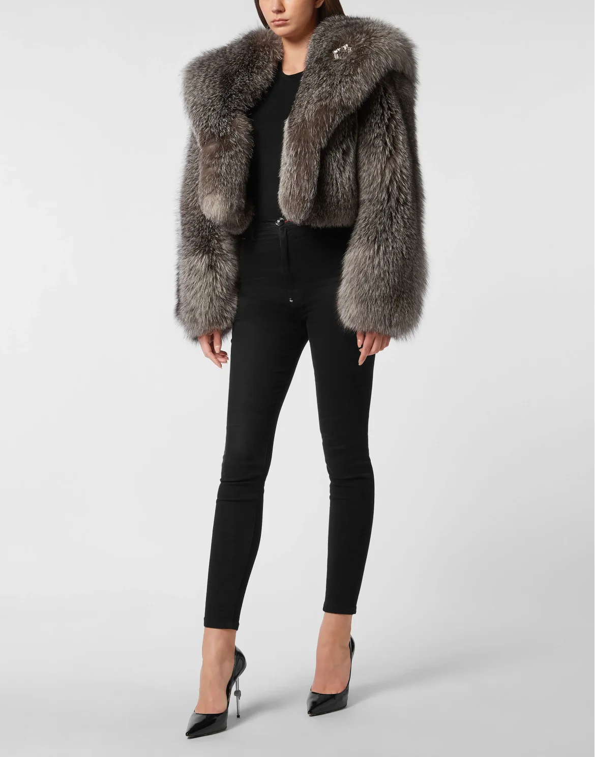 Fox Fur Hooded Short Jacket, цвет: Серый