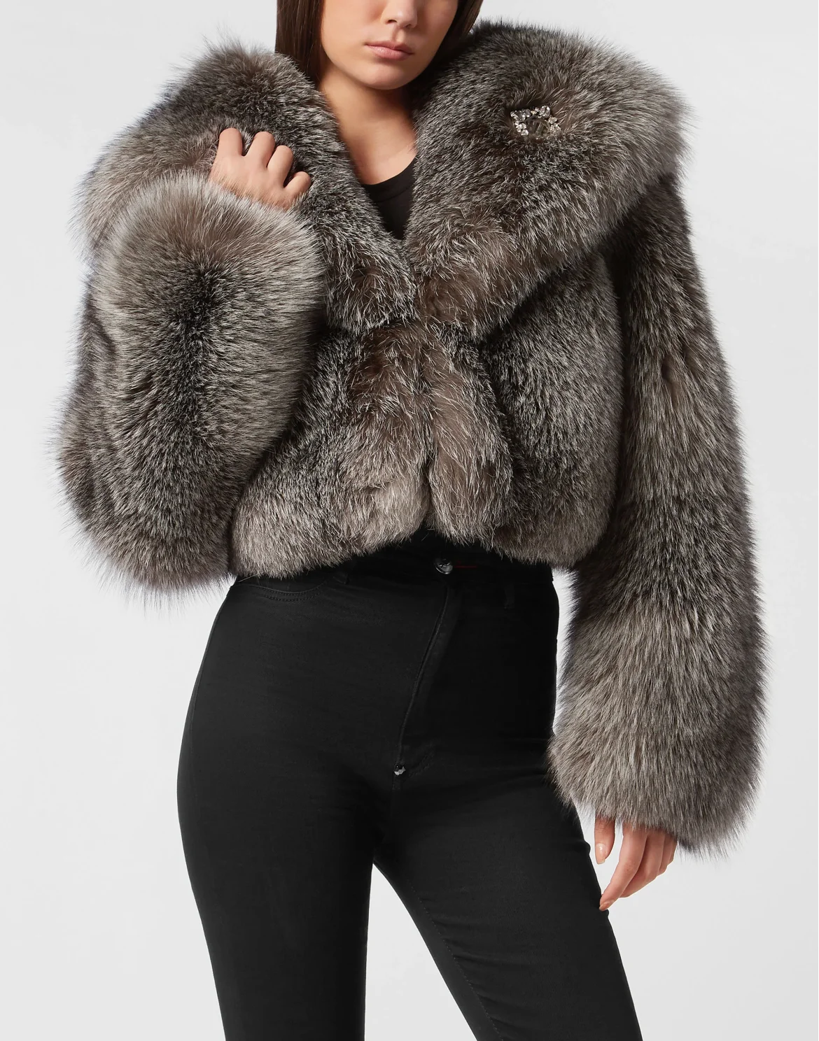 Fox Fur Hooded Short Jacket, цвет: Серый