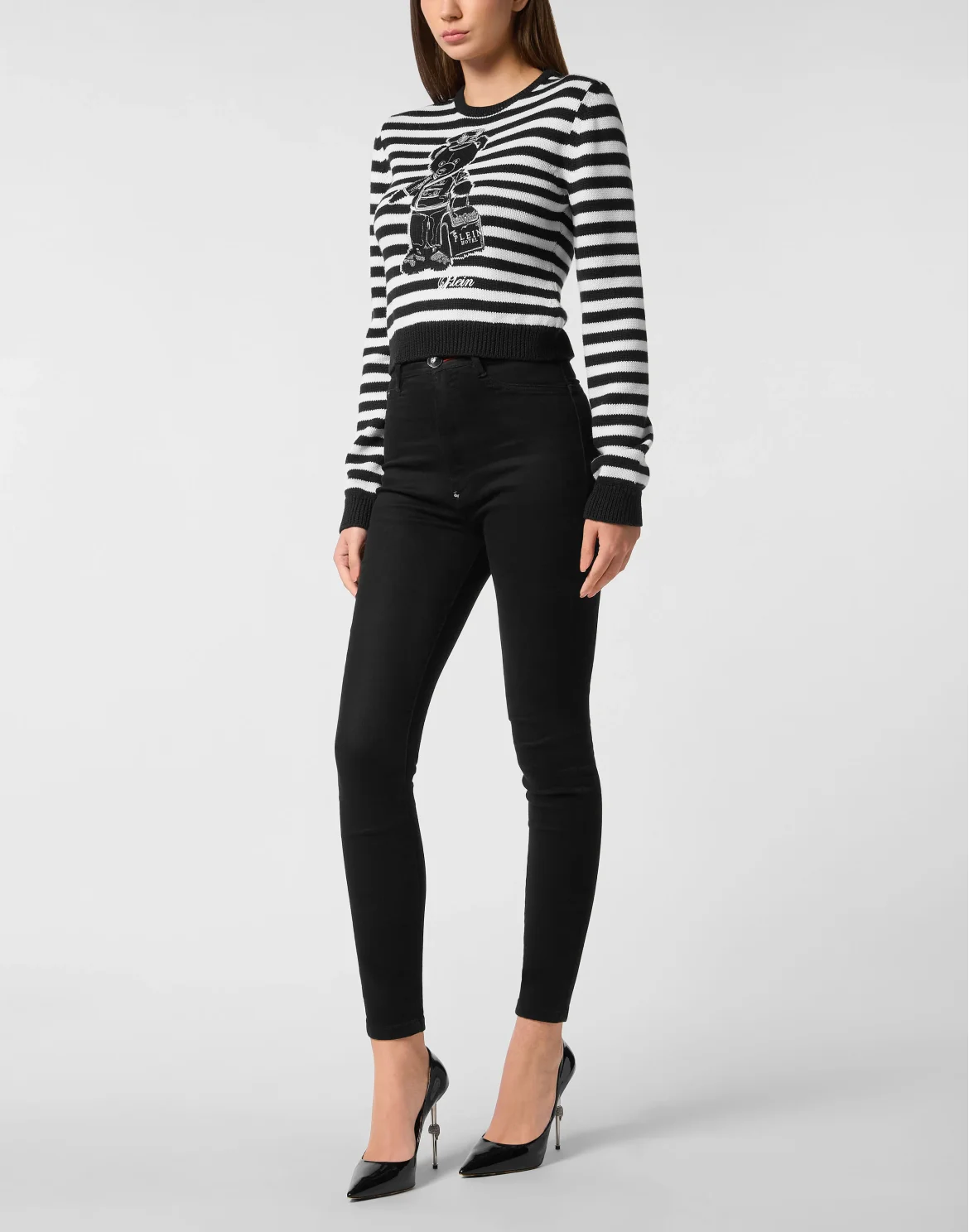 Striped Round Neck Pullover Teddy, цвет: Черный