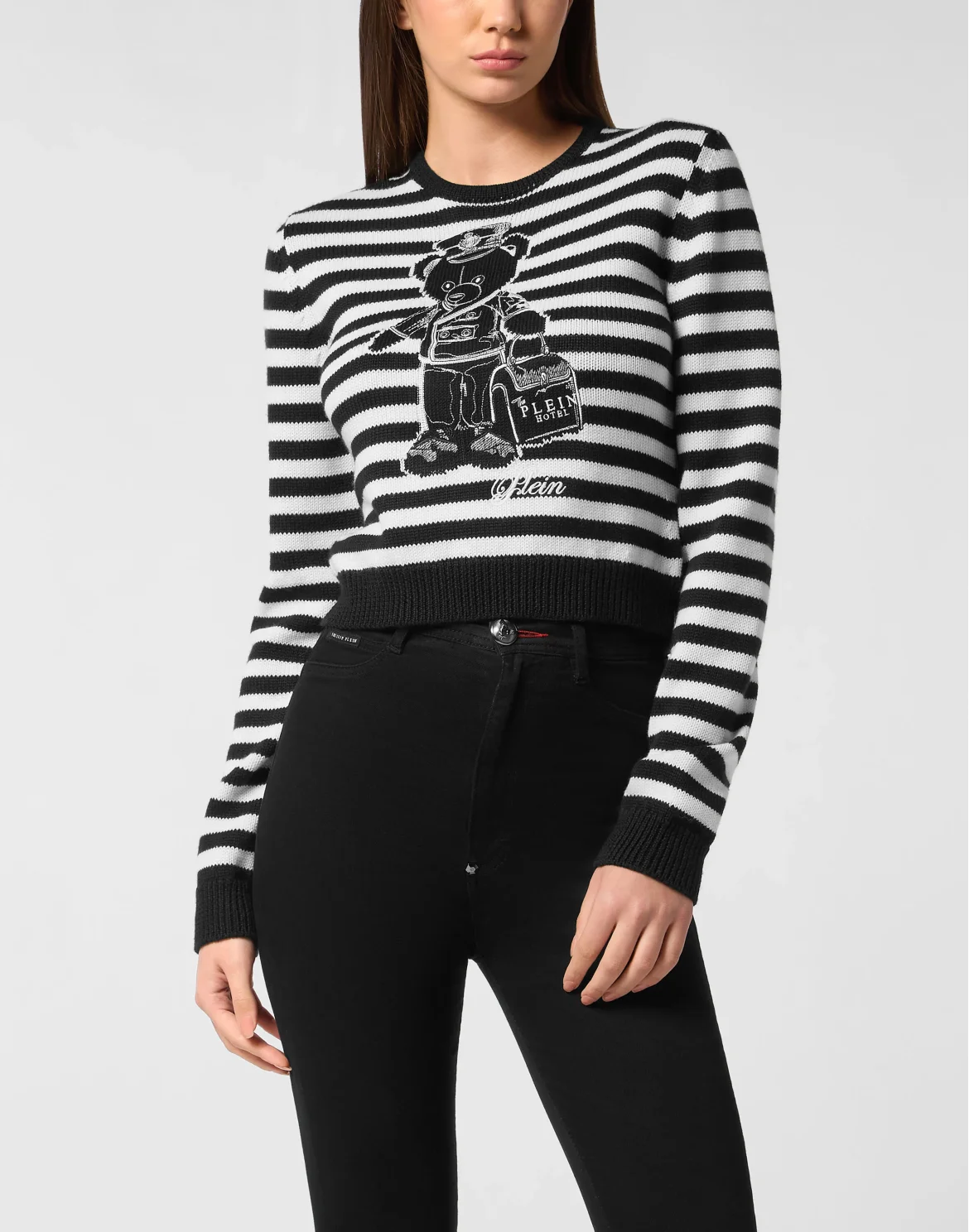 Striped Round Neck Pullover Teddy, цвет: Черный