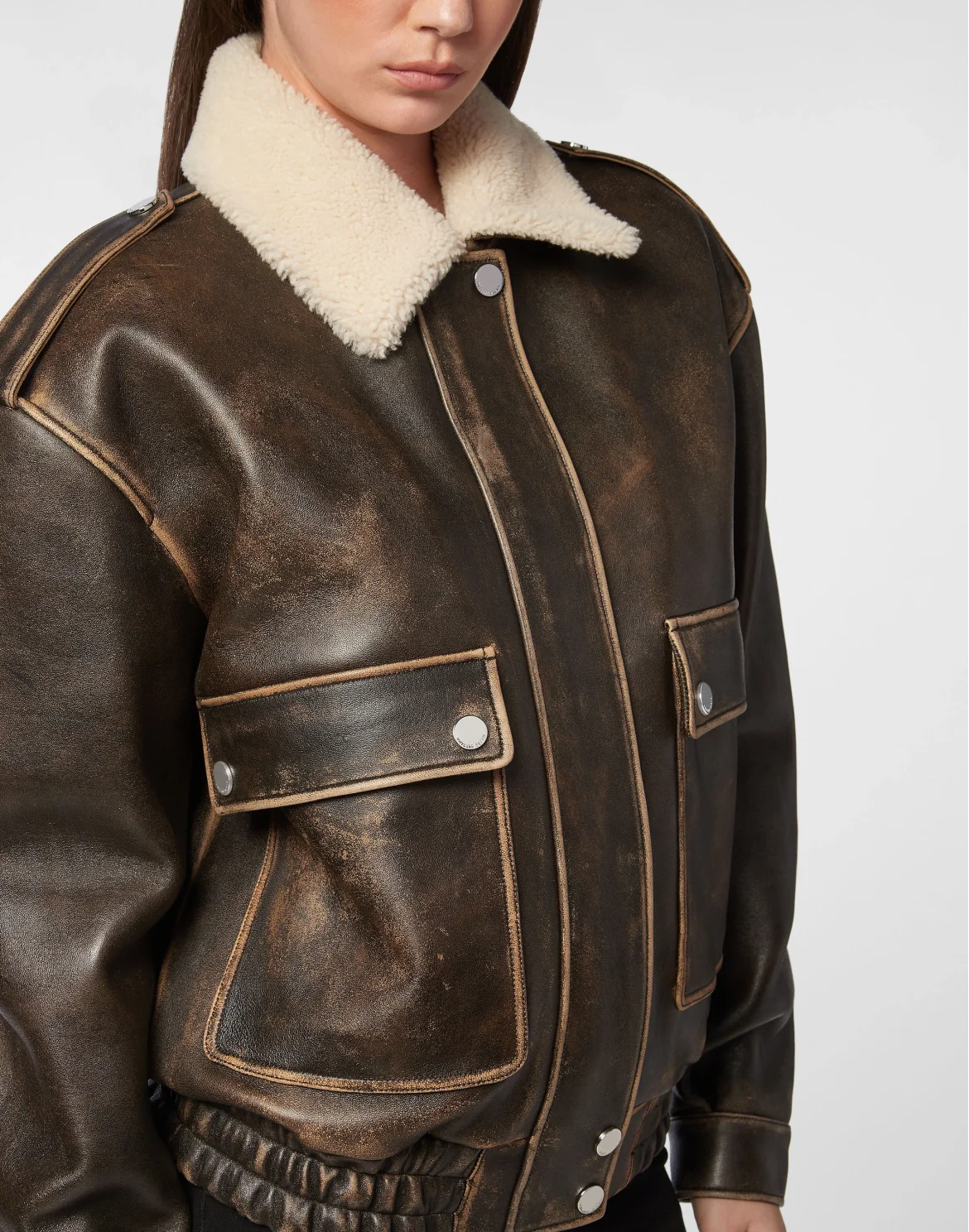 Leather Aviator Jacket With Shearling Collar Signature, цвет: Коричневый