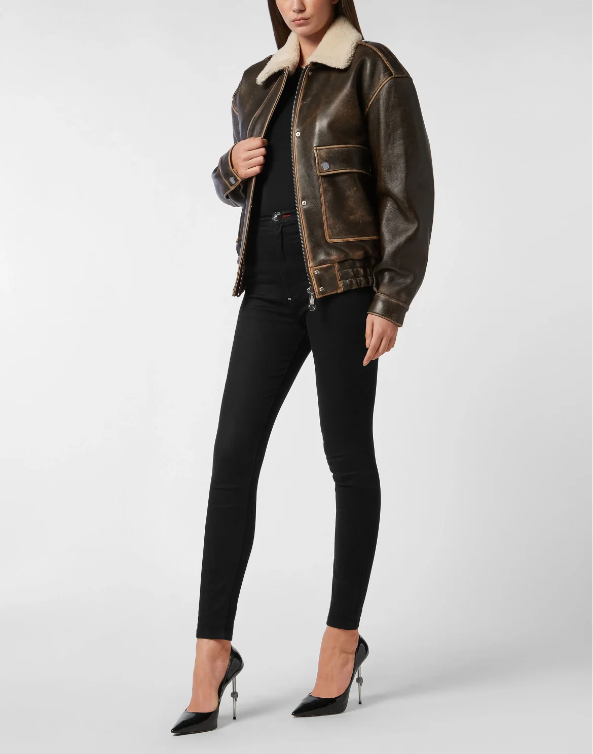 Leather Aviator Jacket With Shearling Collar Signature, цвет: Коричневый