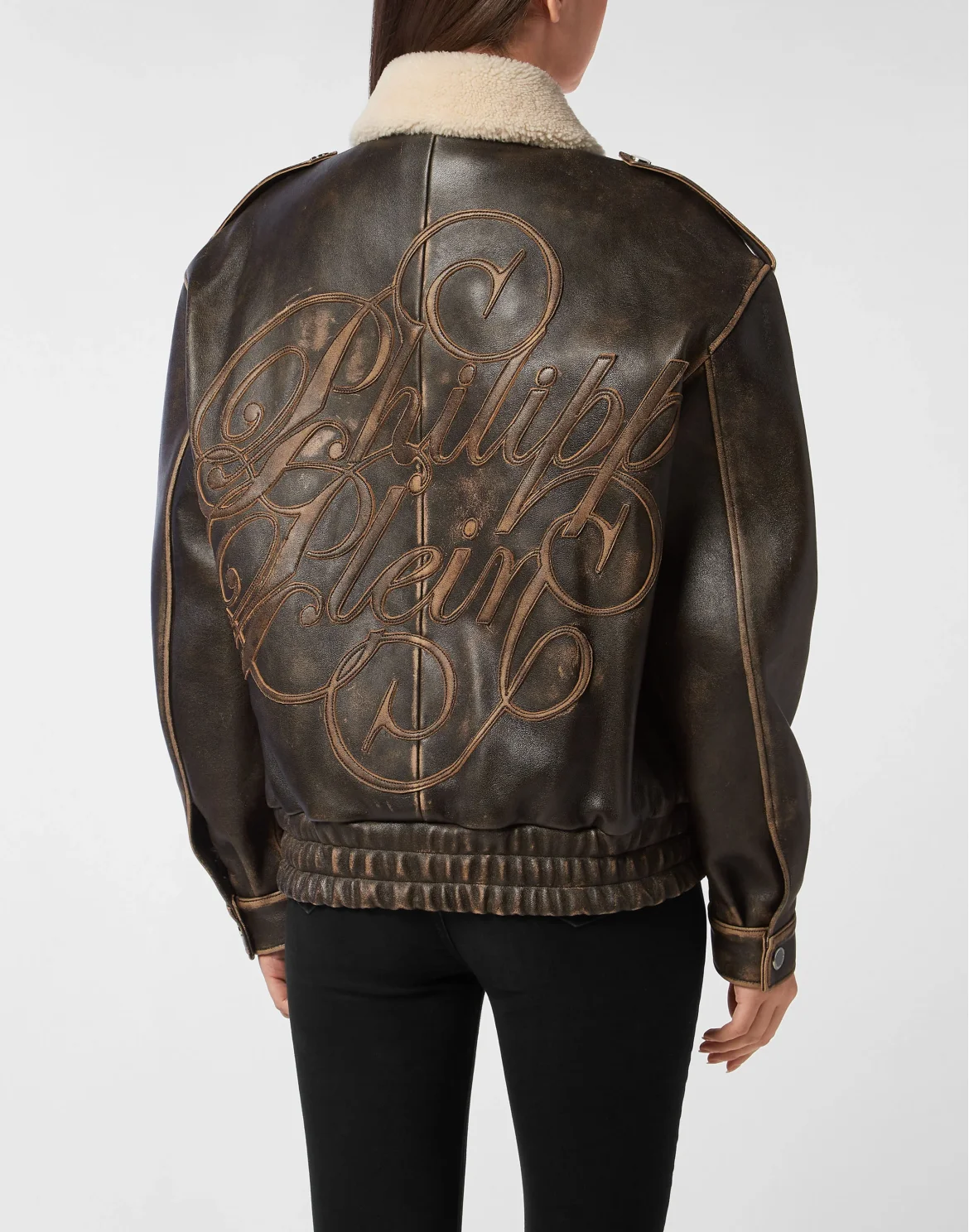 Leather Aviator Jacket With Shearling Collar Signature, цвет: Коричневый