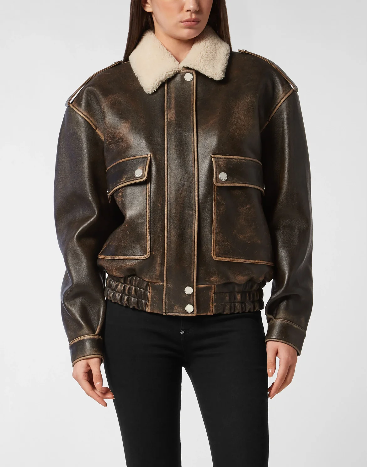 Leather Aviator Jacket With Shearling Collar Signature, цвет: Коричневый