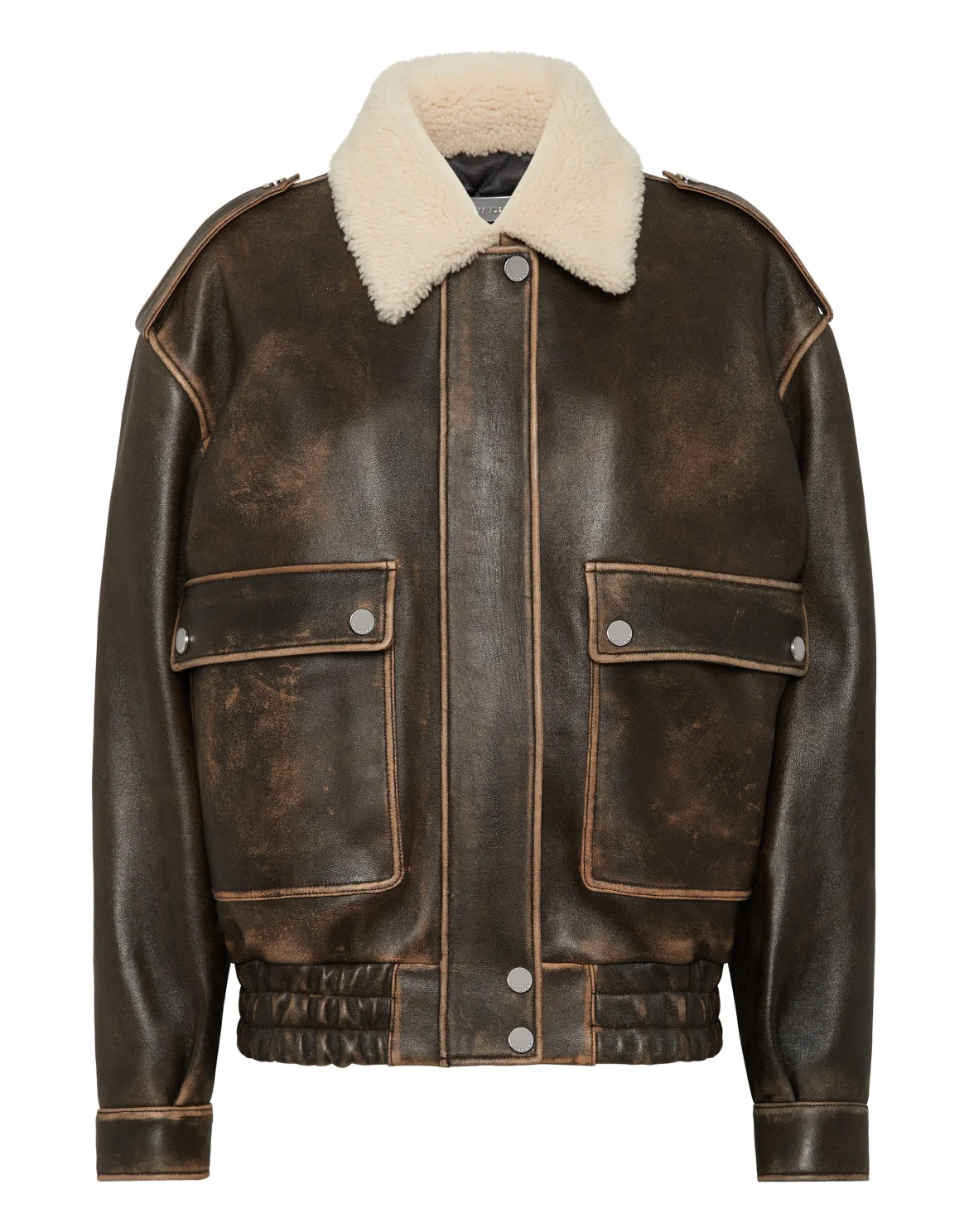 Leather Aviator Jacket With Shearling Collar Signature, цвет: Коричневый
