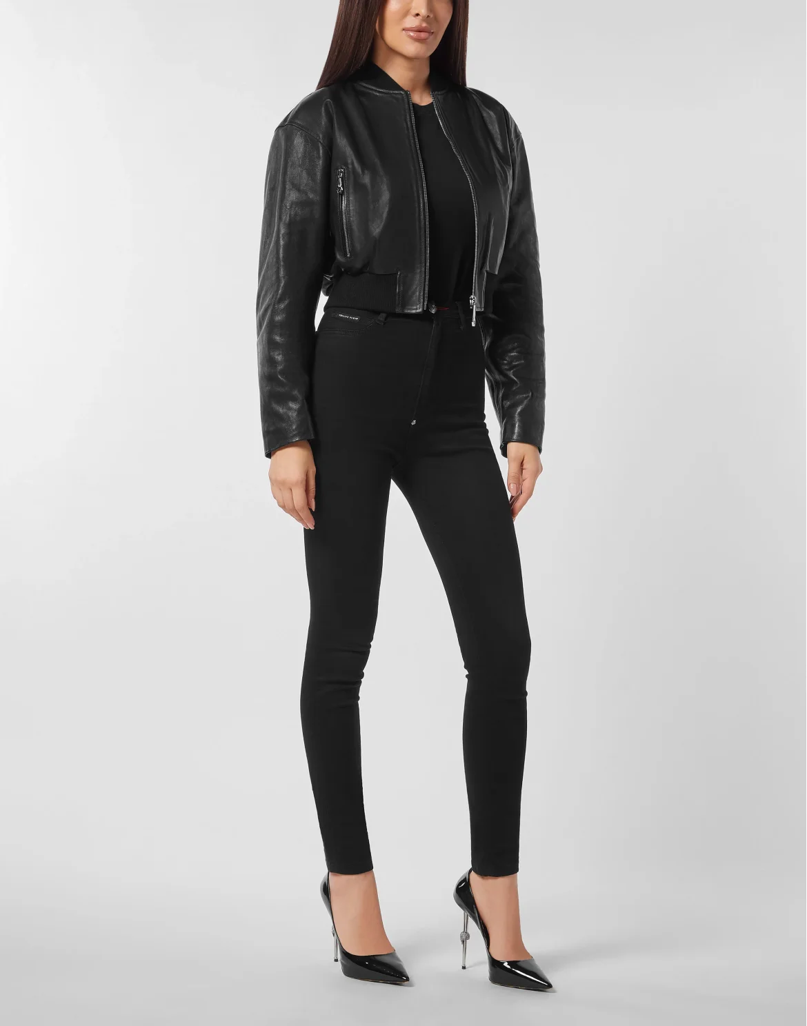 Cropped Leather Bomber Embossed Signature, цвет: Черный