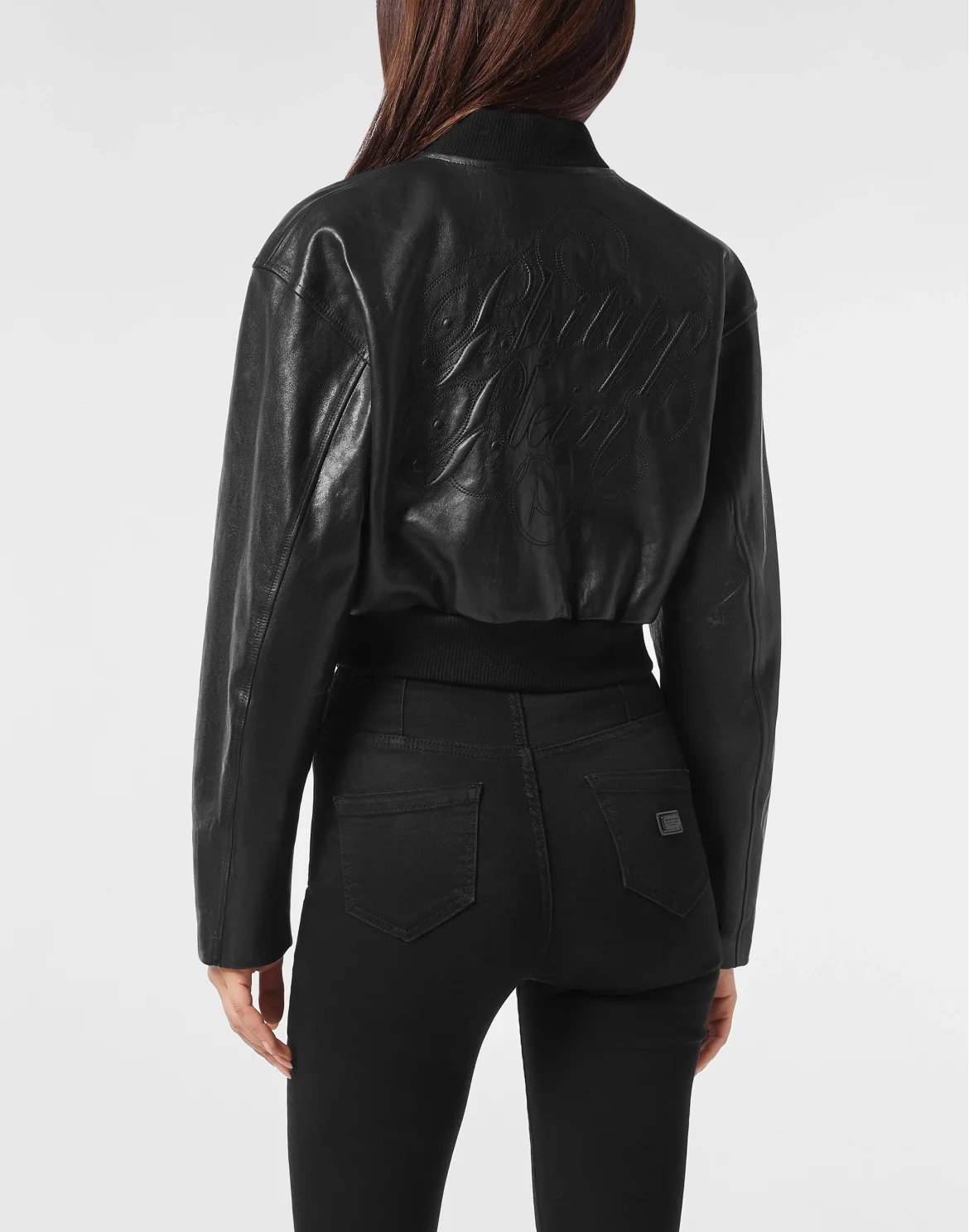 Cropped Leather Bomber Embossed Signature, цвет: Черный