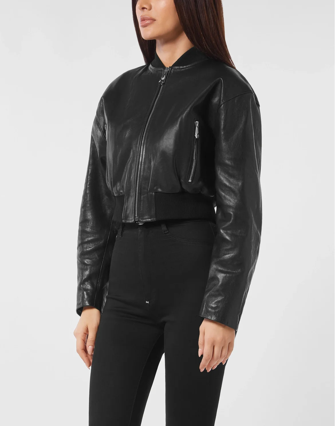 Cropped Leather Bomber Embossed Signature, цвет: Черный