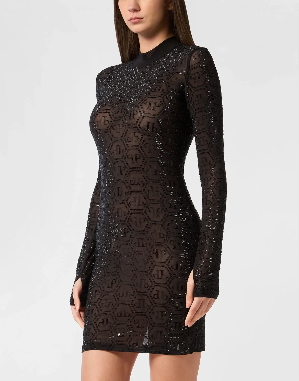 Tulle Long-Sleeved Mini Dress Monogram Strass, цвет: Черный