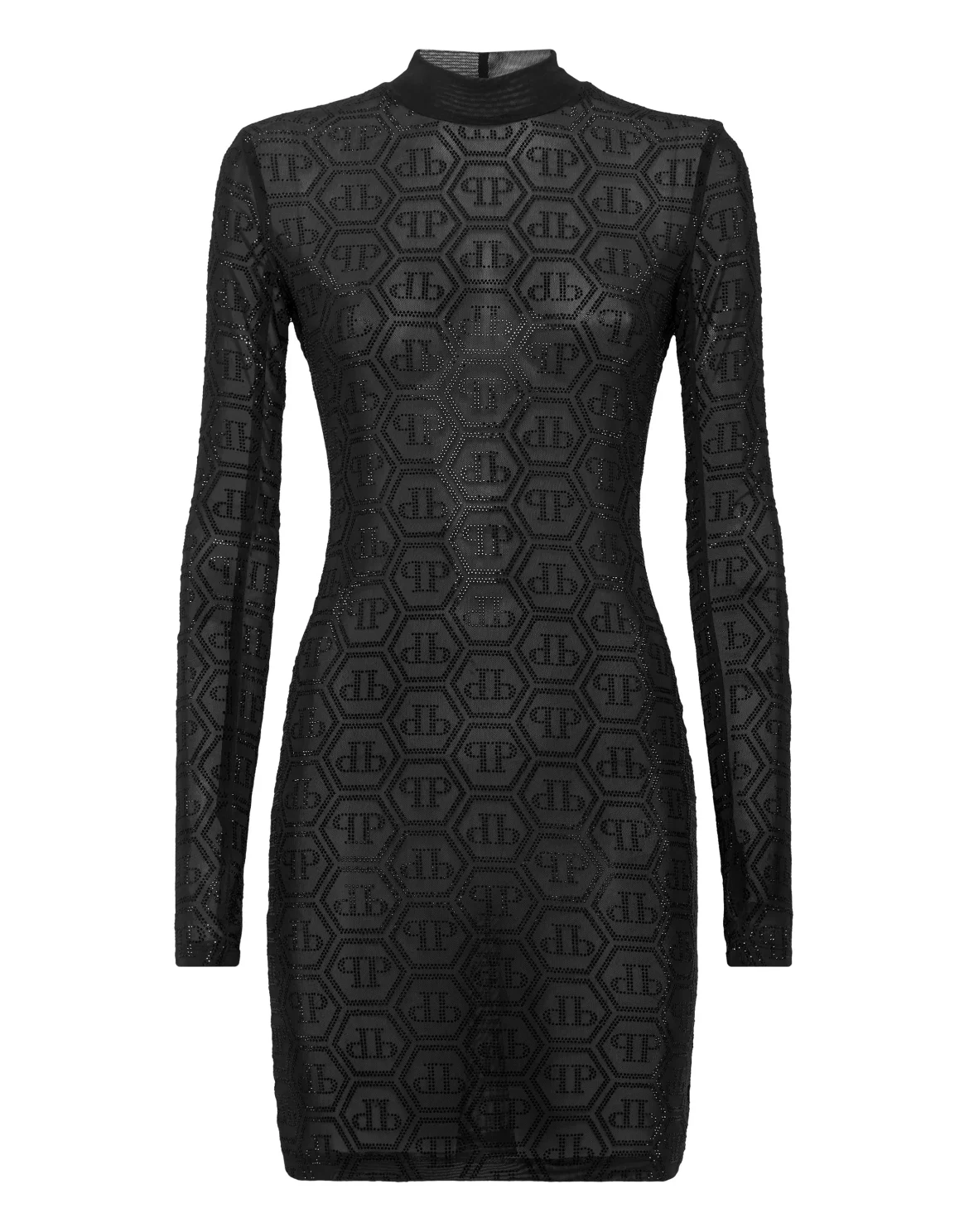 Tulle Long-Sleeved Mini Dress Monogram Strass, цвет: Черный