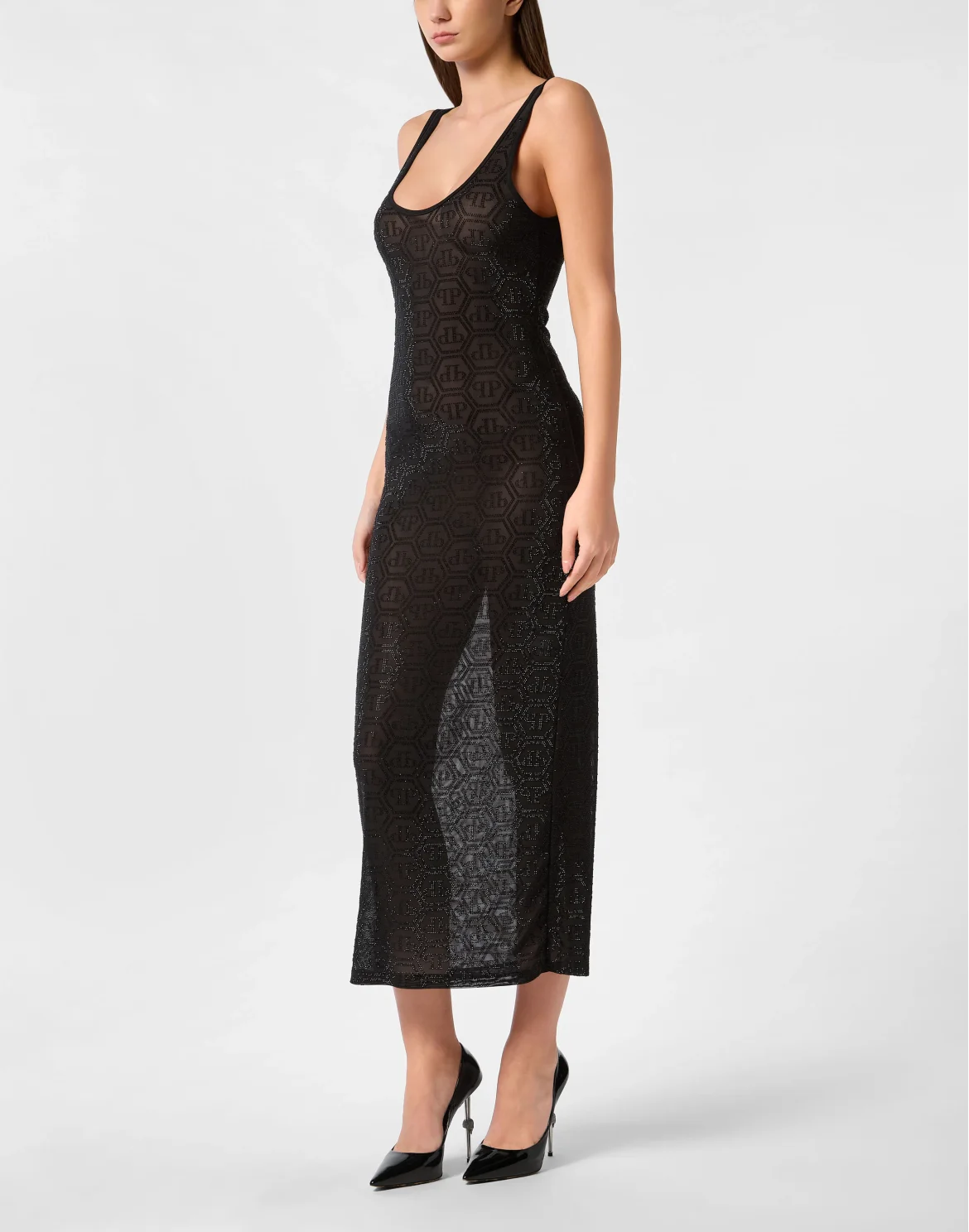 Tulle Long Tank Dress Monogram Strass, цвет: Черный