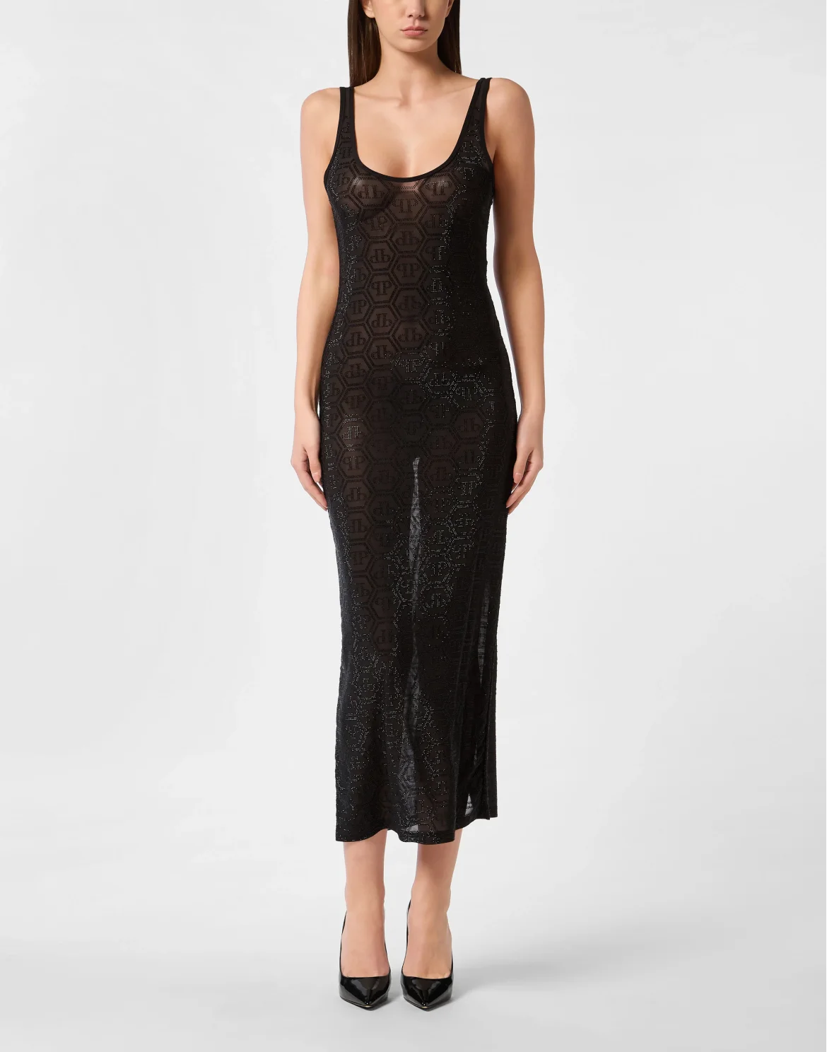 Tulle Long Tank Dress Monogram Strass, цвет: Черный