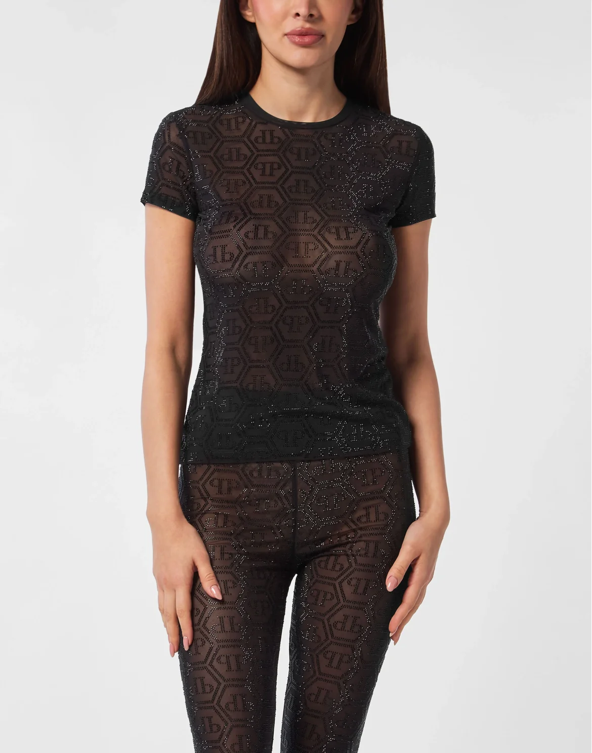 Tulle Sexy Pure Fit T-Shirt Monogram Strass, цвет: Черный