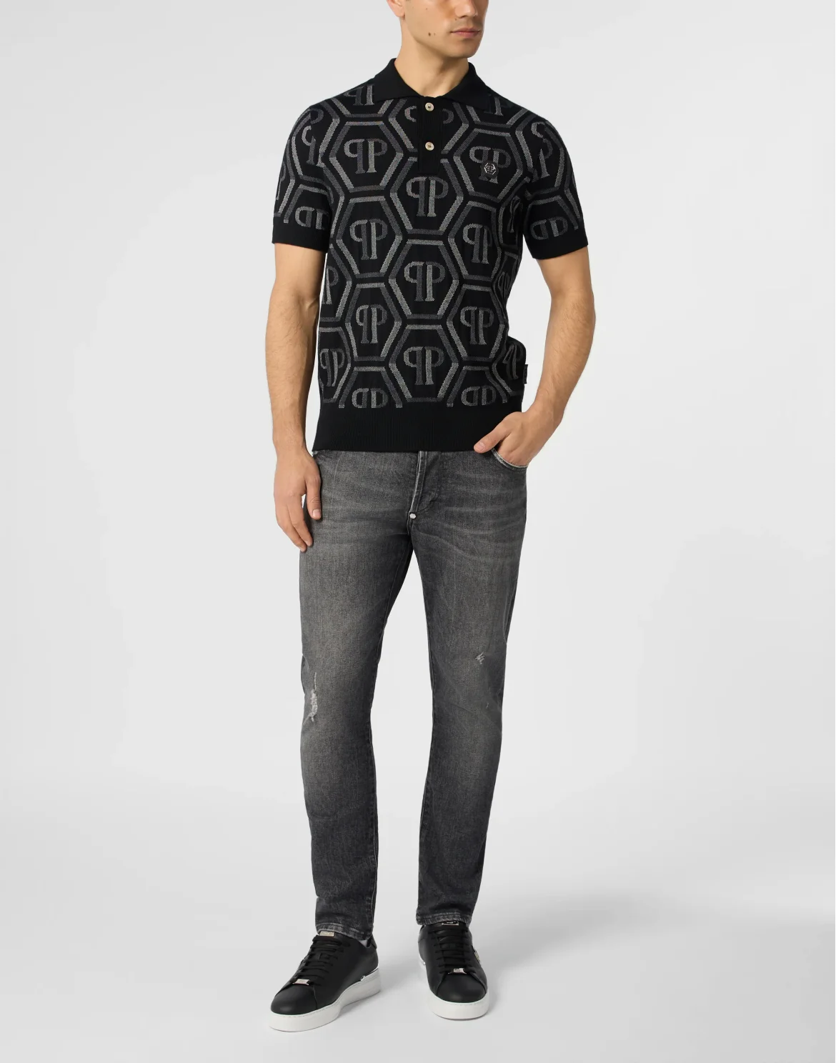 Wool Knitted Polo T-Shirt Monogram, цвет: Черный
