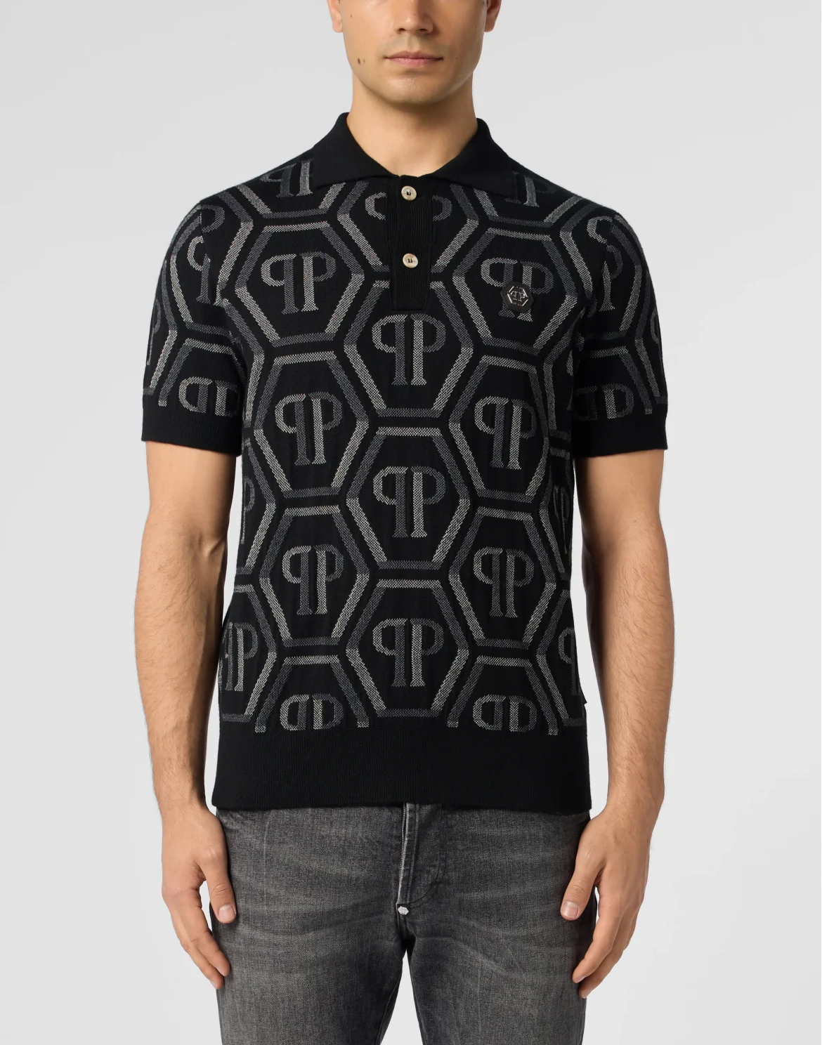 Wool Knitted Polo T-Shirt Monogram, цвет: Черный