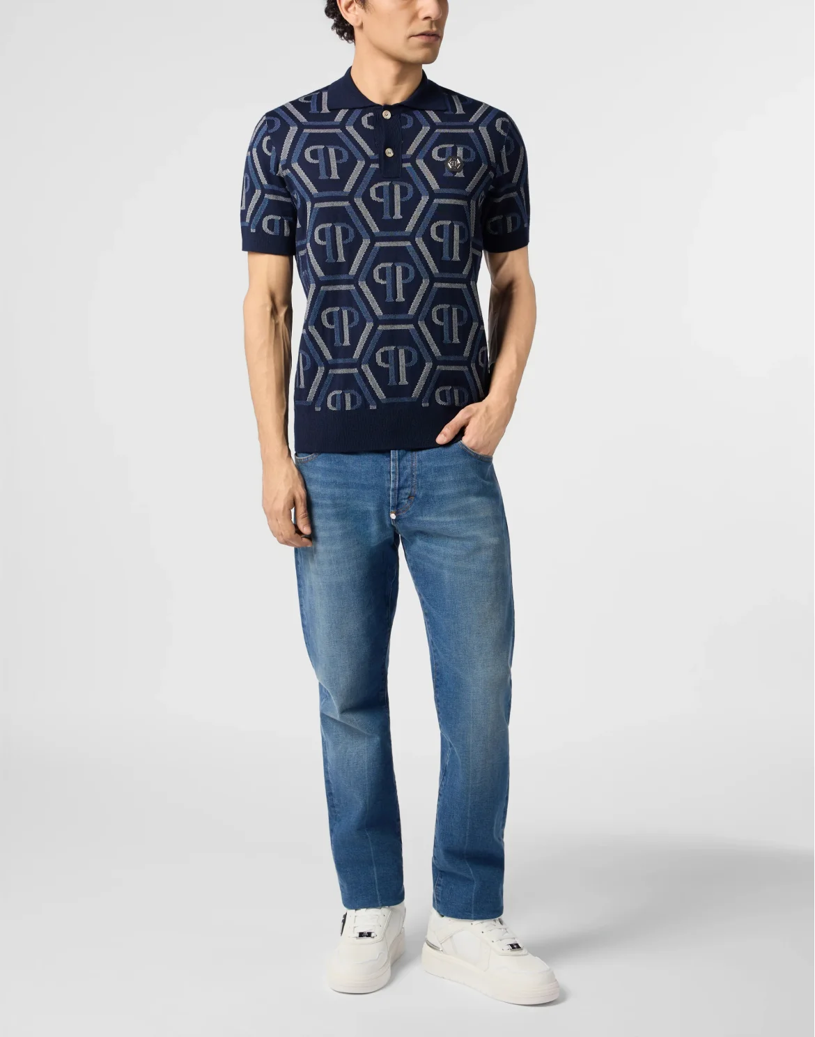 Wool Knitted Polo T-Shirt Monogram, цвет: Синий