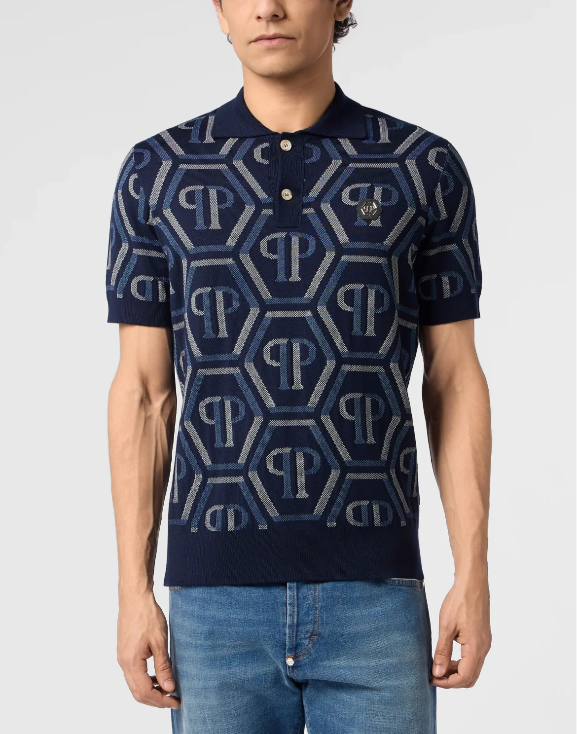 Wool Knitted Polo T-Shirt Monogram, цвет: Синий