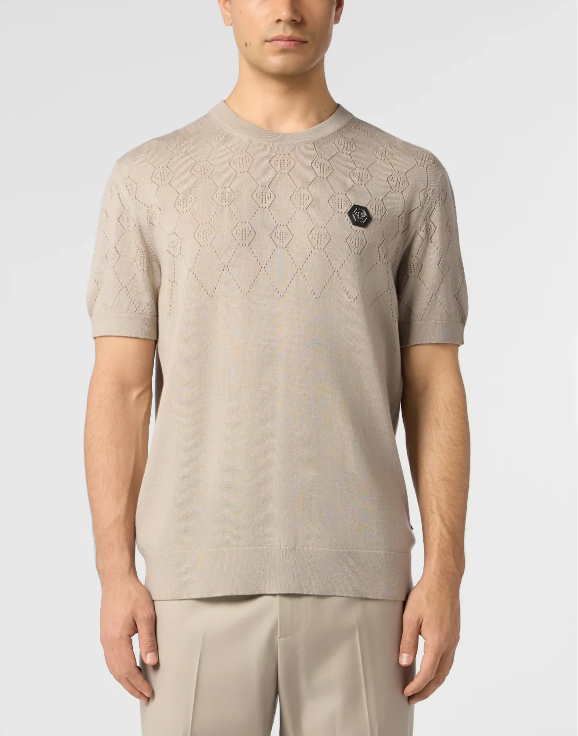 Wool Knitted Round Neck T-Shirt Monogram, цвет: Бежевый