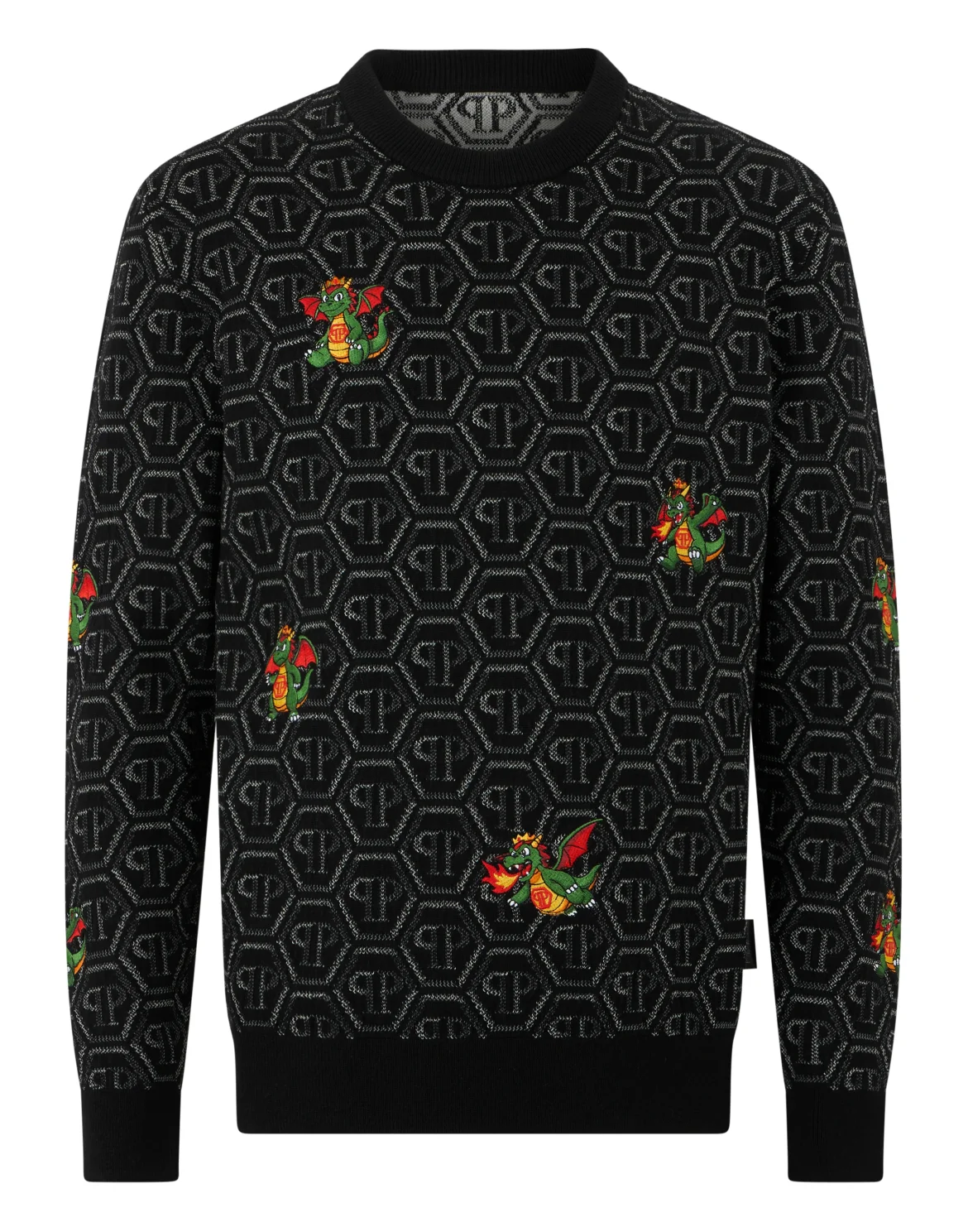 Wool Round Neck Pullover Monogram Dragons, цвет: Черный
