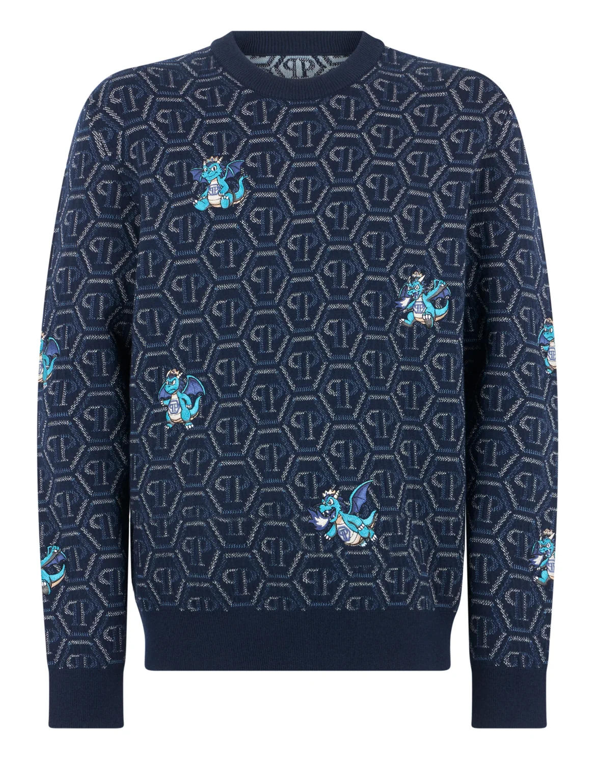 Wool Round Neck Pullover Monogram Dragons, цвет: Синий