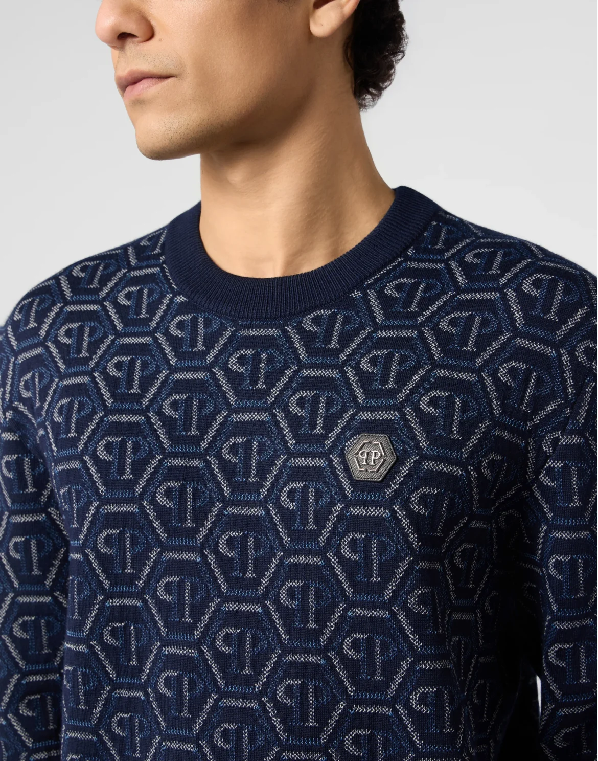 Wool Round Neck Pullover Monogram, цвет: Синий