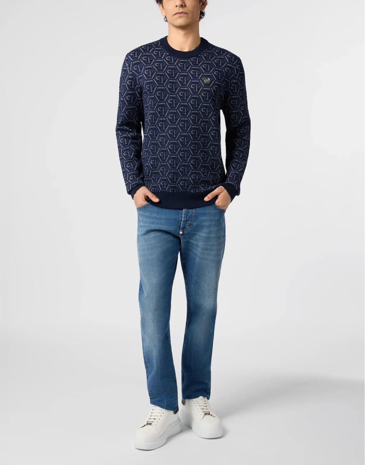 Wool Round Neck Pullover Monogram, цвет: Синий