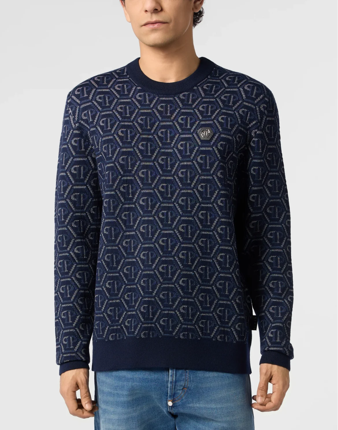 Wool Round Neck Pullover Monogram, цвет: Синий