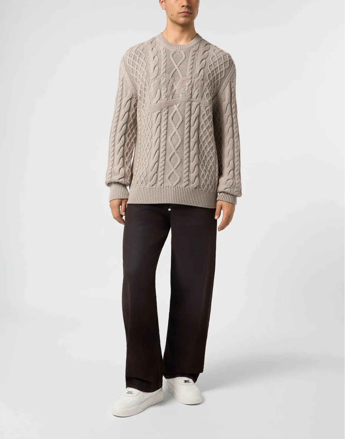 Braided Round Neck Pullover Plein Space, цвет: Бежевый
