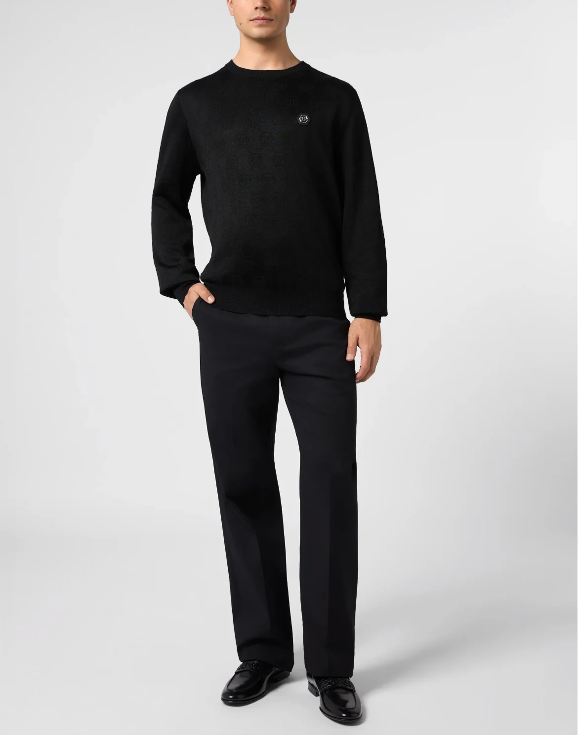 Merino Wool Round Neck Pullover Monogram, цвет: Черный