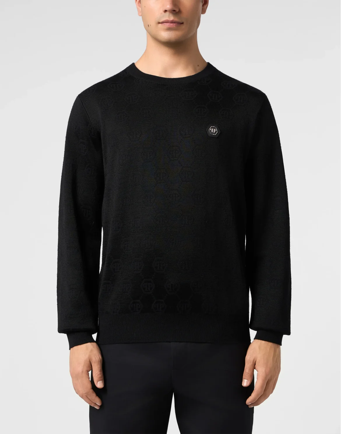 Merino Wool Round Neck Pullover Monogram, цвет: Черный