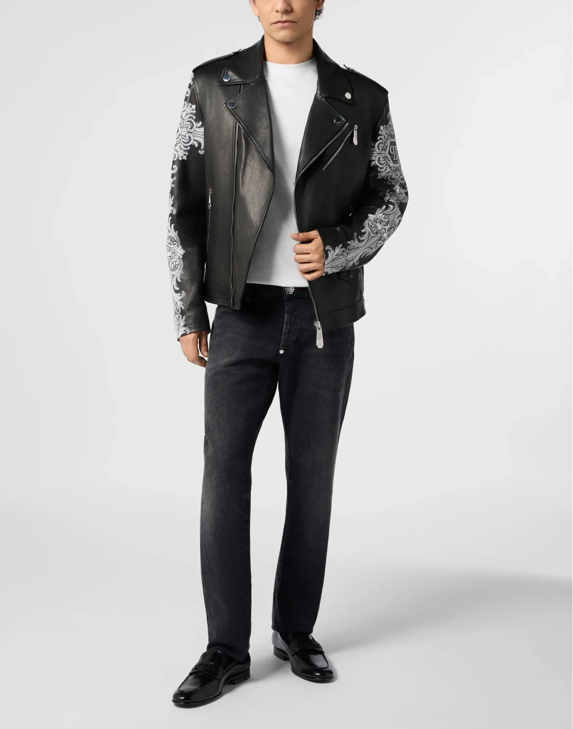 Sheepskin Leather Biker Jacket Baroque Skull, цвет: Черный
