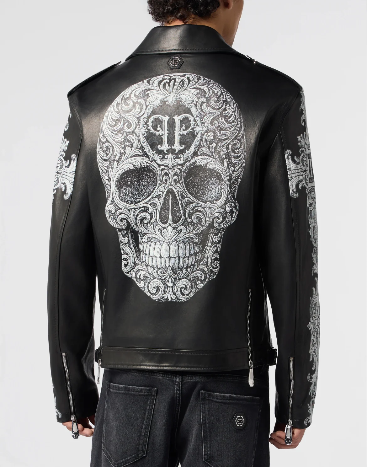 Sheepskin Leather Biker Jacket Baroque Skull, цвет: Черный