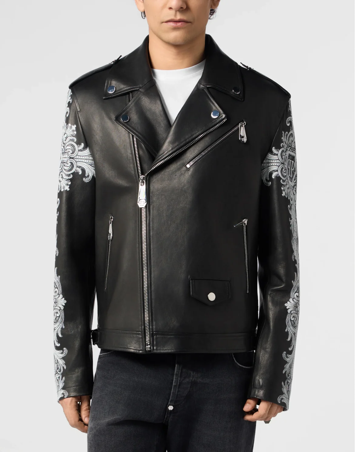 Sheepskin Leather Biker Jacket Baroque Skull, цвет: Черный