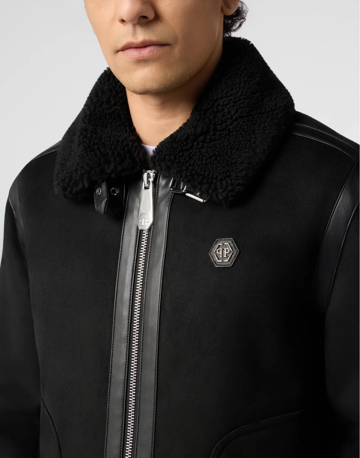 Eco Shearling Aviator Jacket, цвет: Черный
