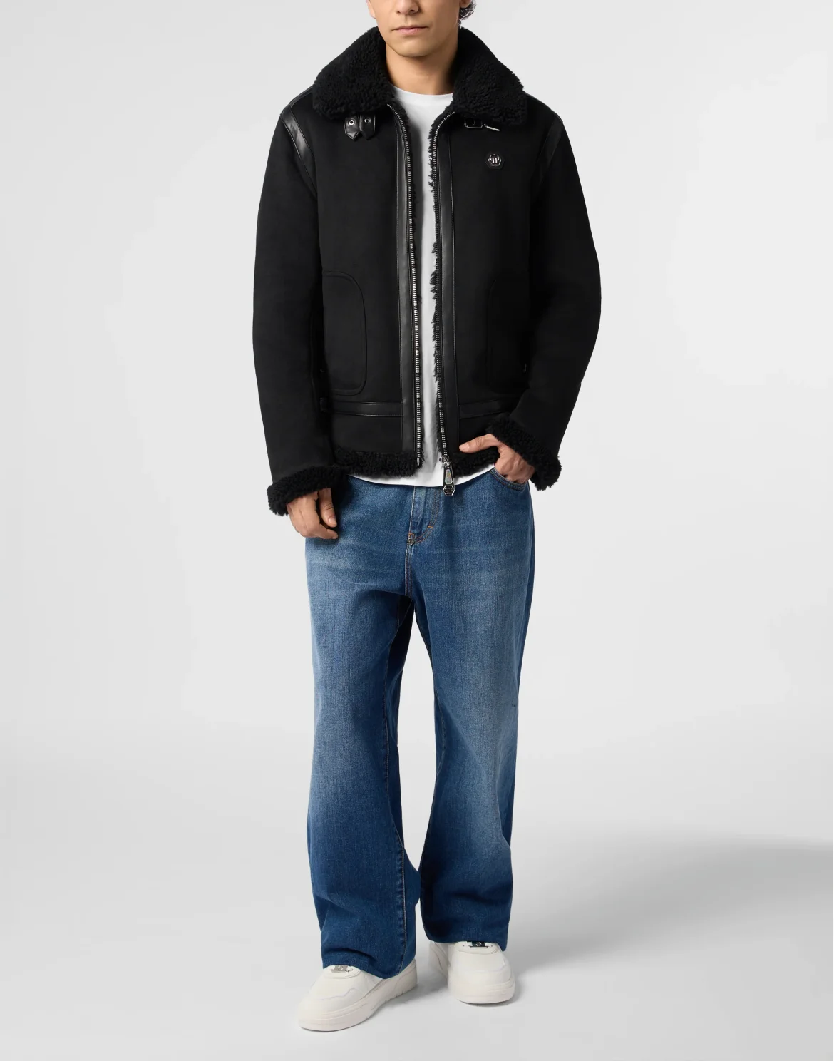 Eco Shearling Aviator Jacket, цвет: Черный