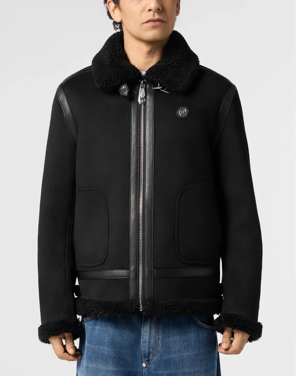 Eco Shearling Aviator Jacket, цвет: Черный