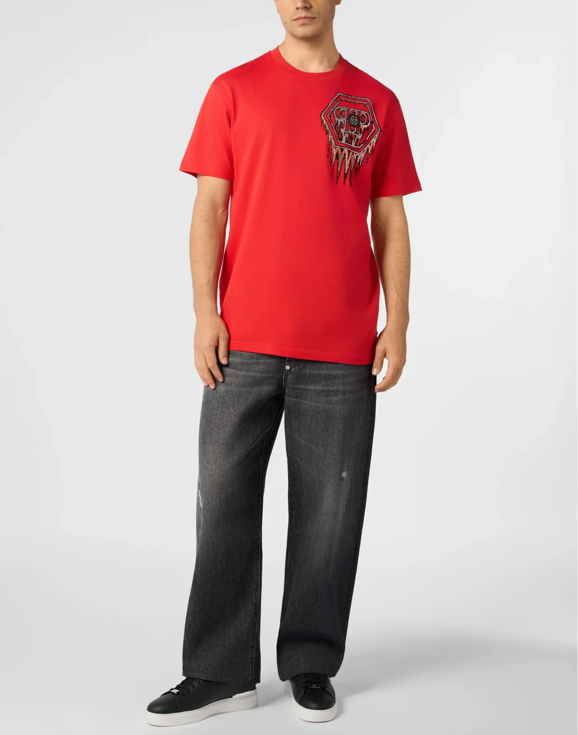 Round Neck T-Shirt Neon Space Hexagon, цвет: Красный