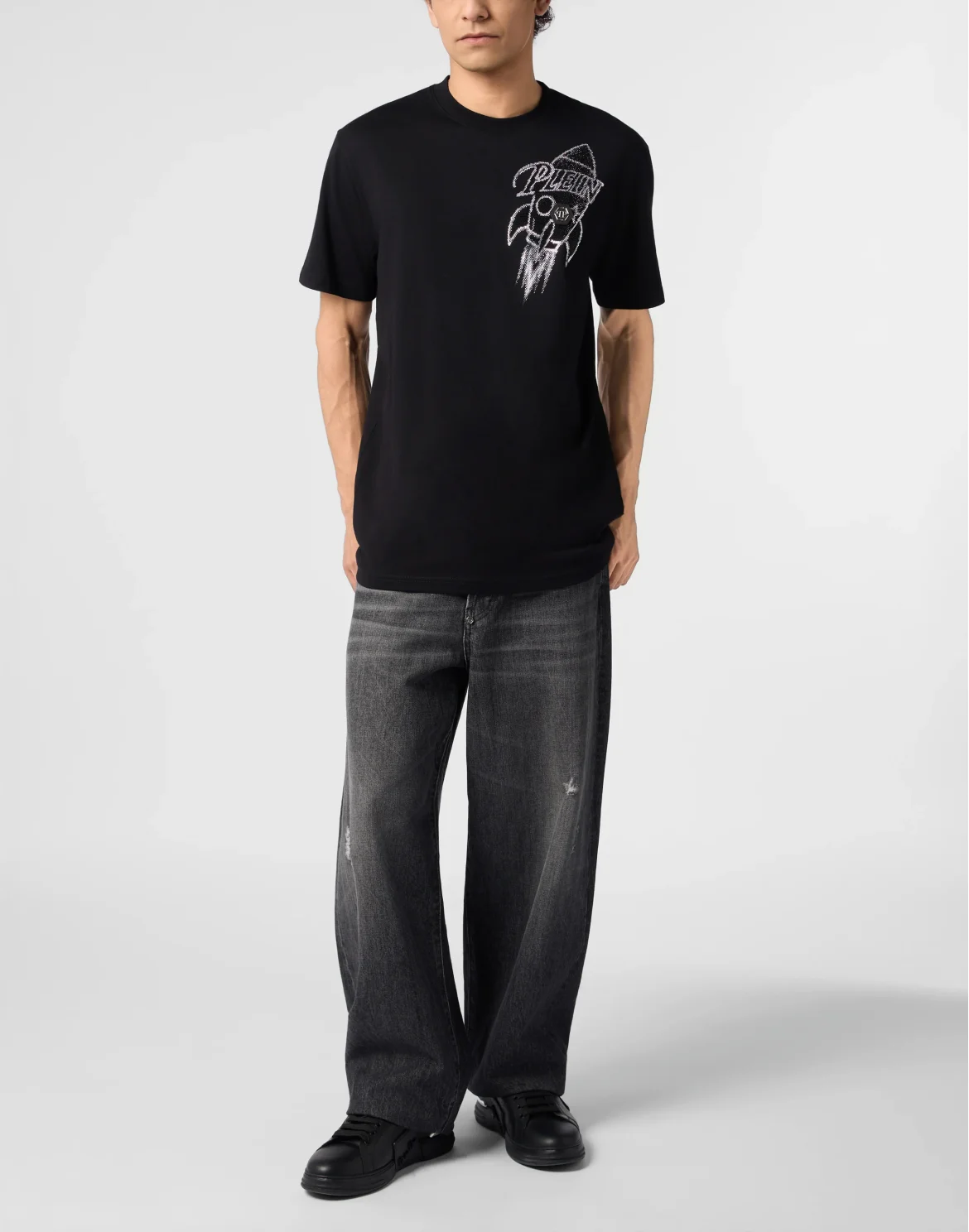 Round Neck T-Shirt Neon Space Rocket, цвет: Черный