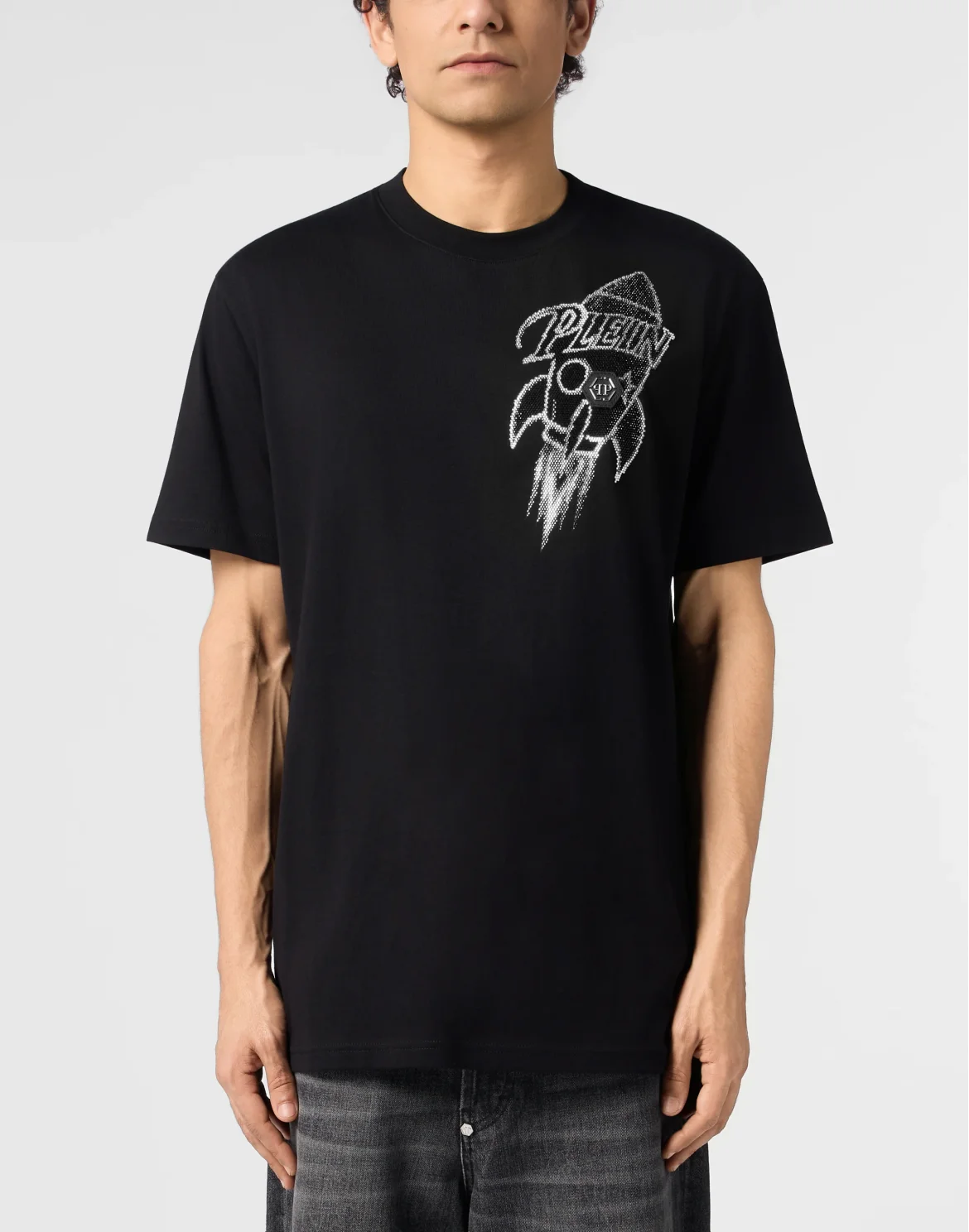 Round Neck T-Shirt Neon Space Rocket, цвет: Черный