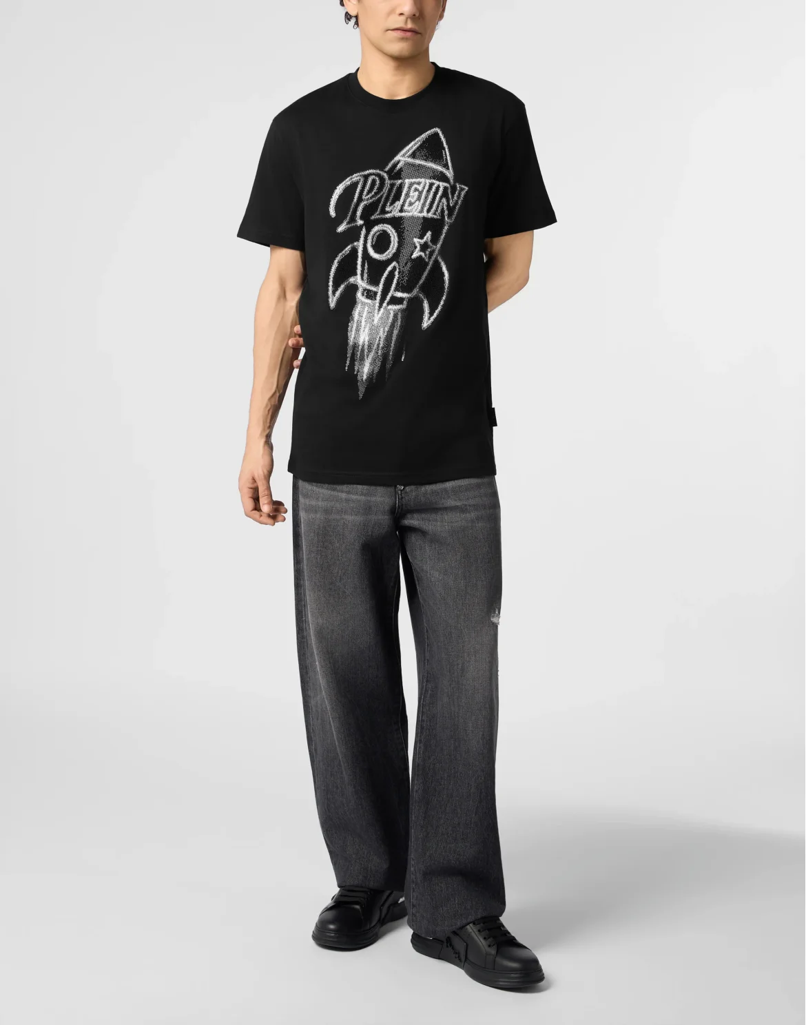 Round Neck T-Shirt Neon Space Rocket Stones, цвет: Черный