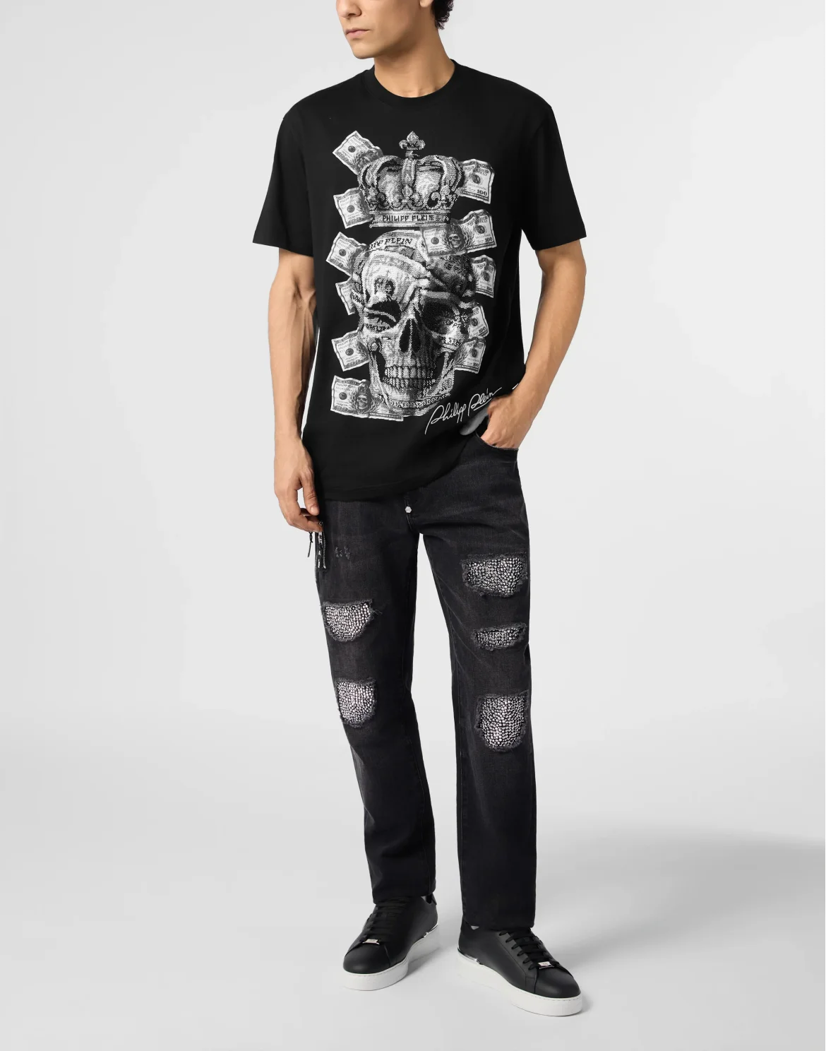 Round Neck T-Shirt Dollar Skull Stones, цвет: Черный