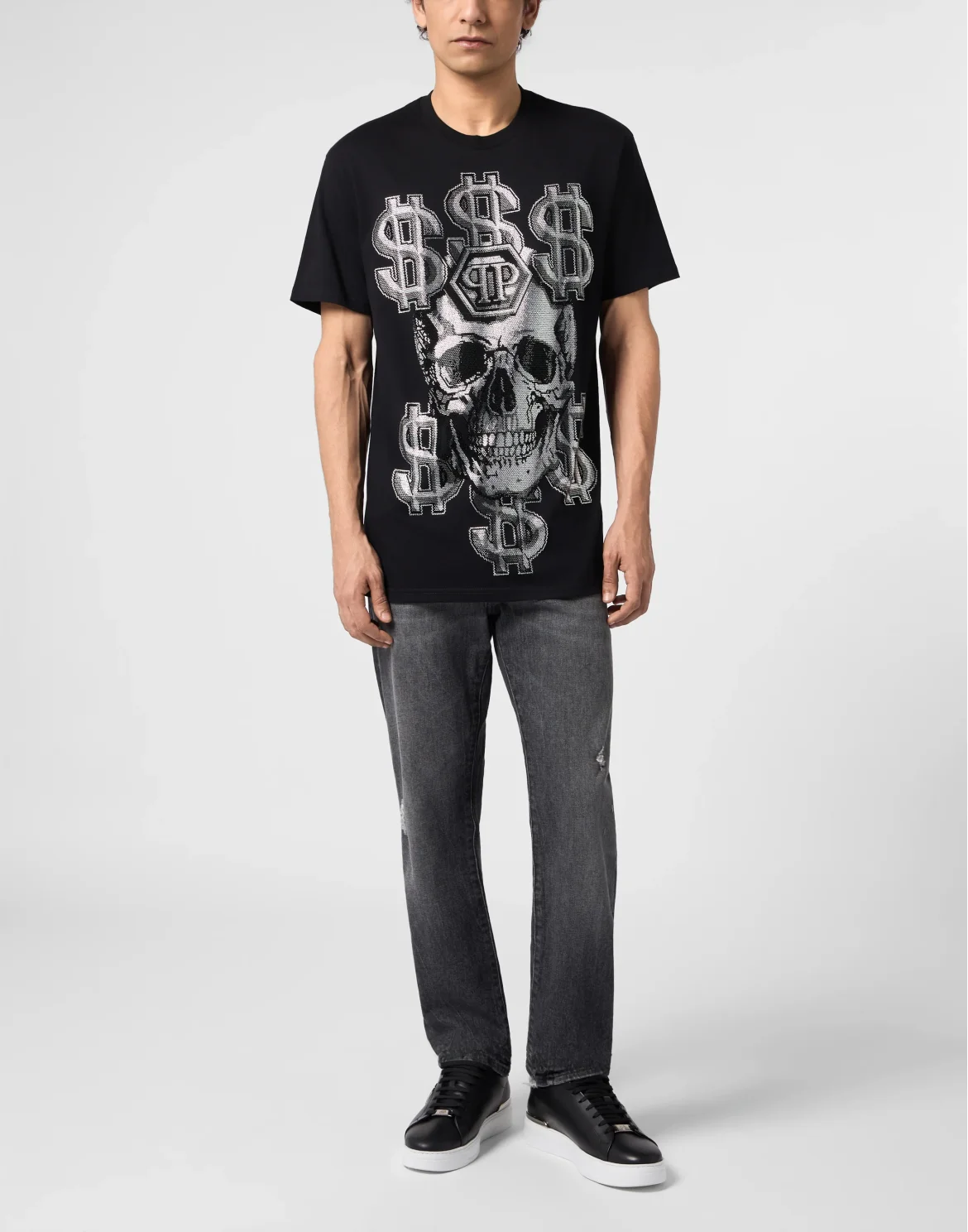 Round Neck T-Shirt Dollar Skull Stones, цвет: Черный