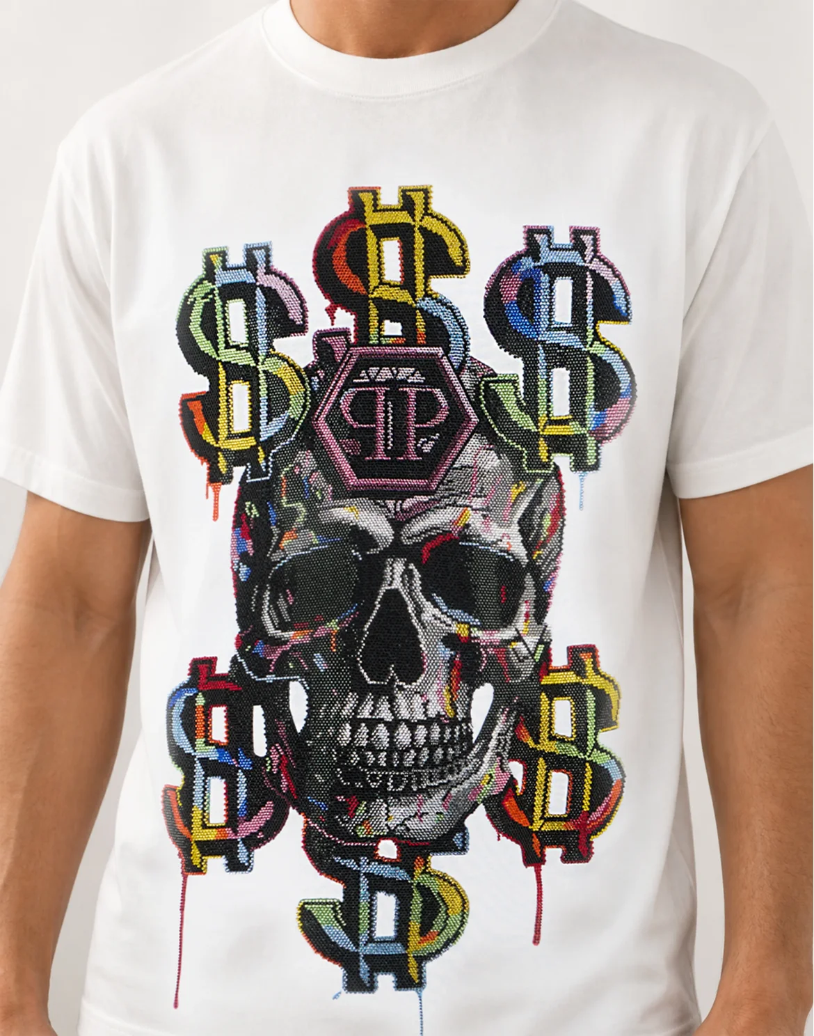 Round Neck T-Shirt Dollar Skull Stones, цвет: Белый