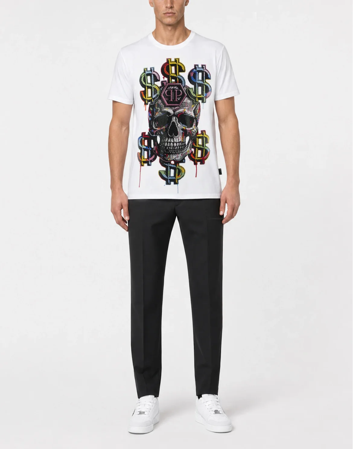 Round Neck T-Shirt Dollar Skull Stones, цвет: Белый