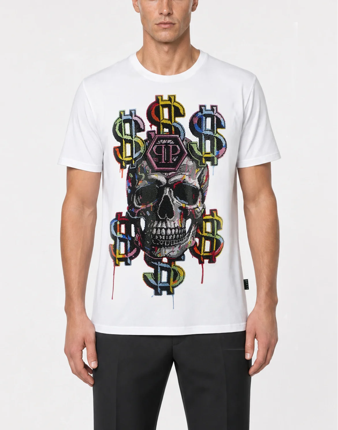 Round Neck T-Shirt Dollar Skull Stones, цвет: Белый