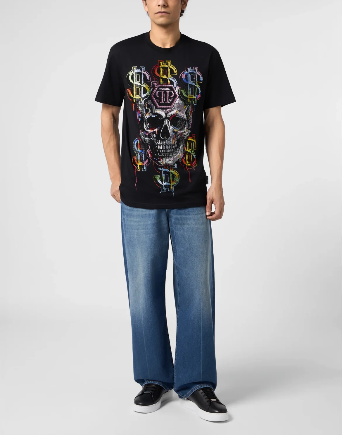 Round Neck T-Shirt Dollar Skull Stones, цвет: Черный
